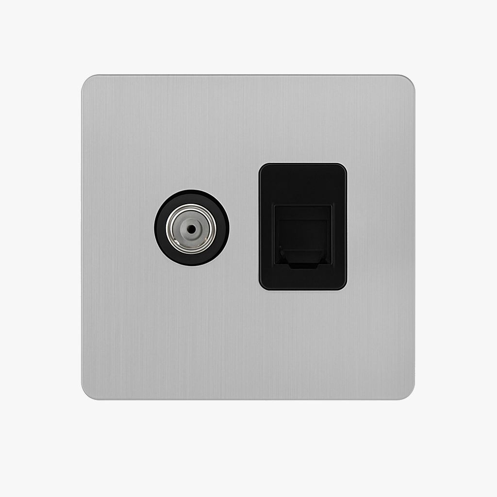 Prise TV et RJ45 en acier gris clair brossé bords arrondis