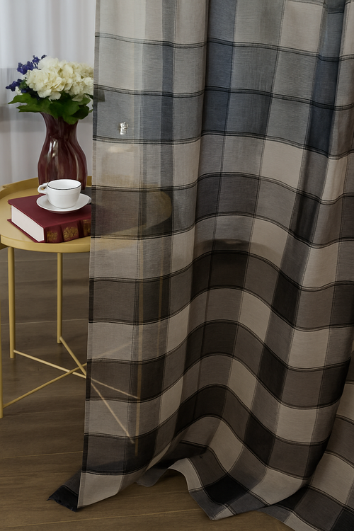 rideau transparent beige motif carreaux retro