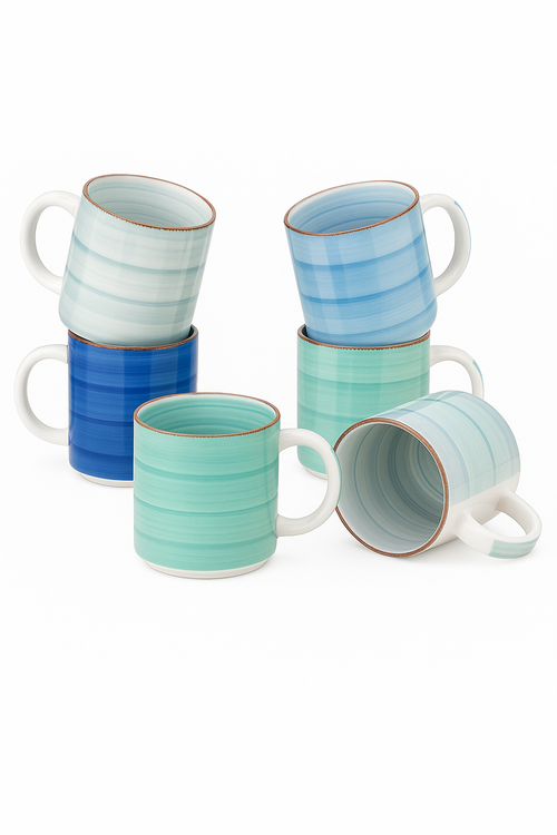 Service café thé céramique 6 tasses spirales peintes