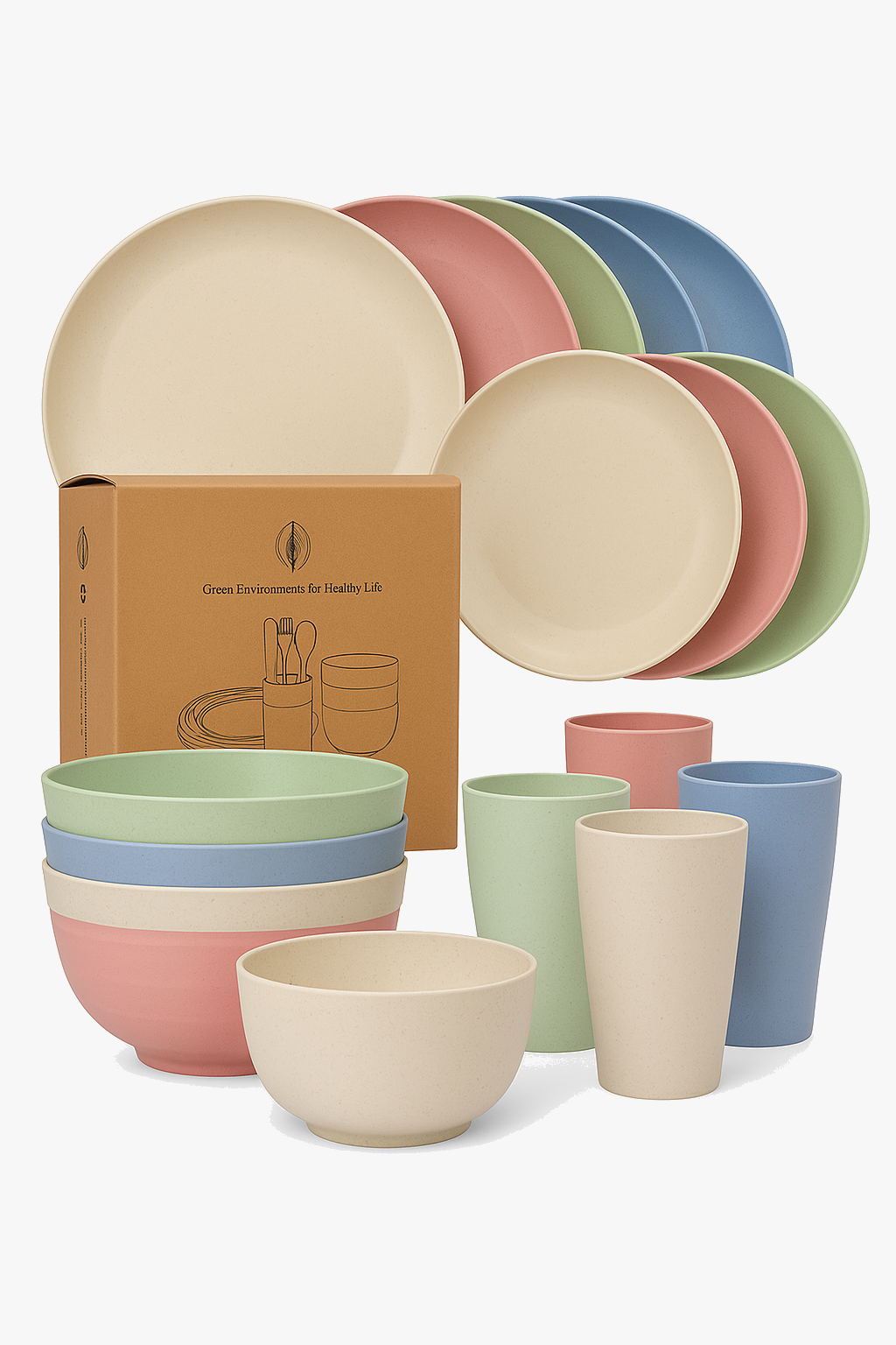 Service table paille blé assiettes bols tasses camping