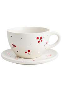 Service tasse cafe ceramique motif cerises avec soucoupe