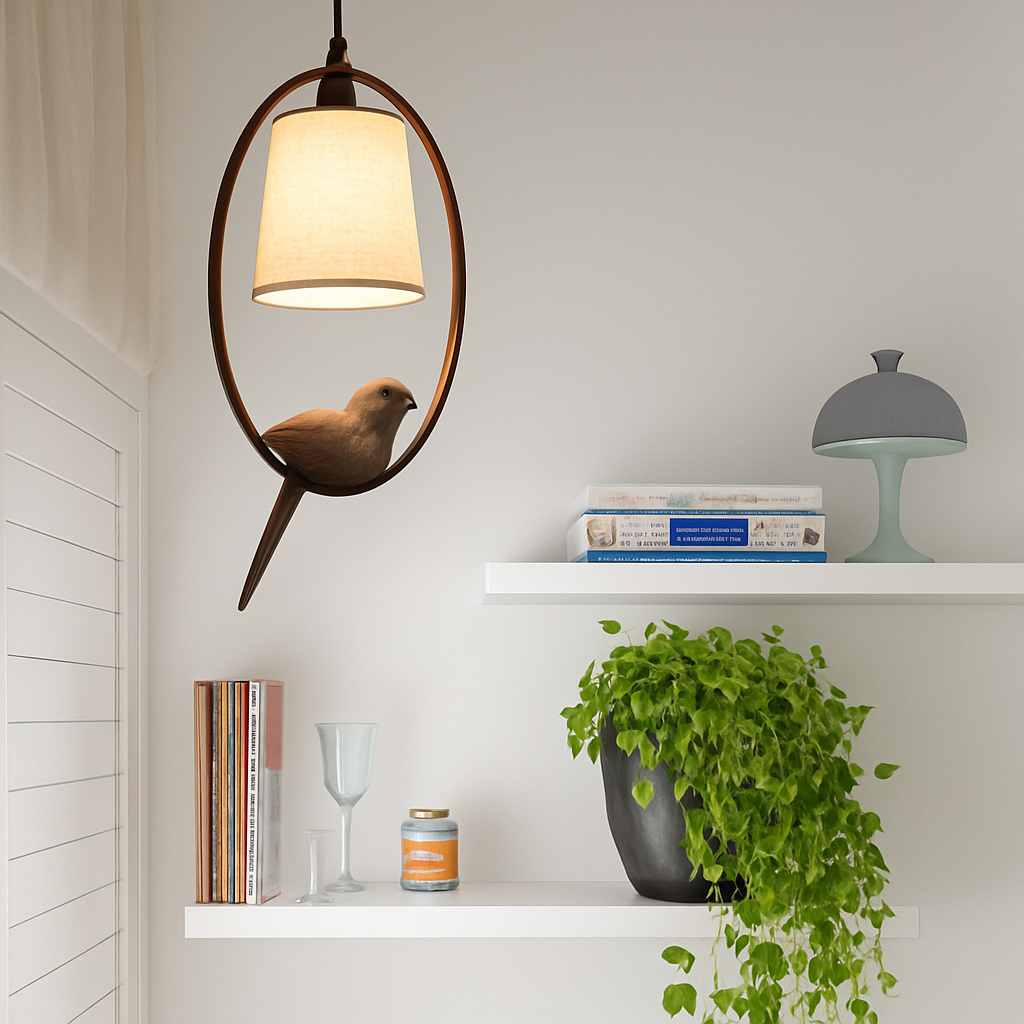 Suspension avec abat-jour et oiseau perché à LED - vue 4 sur 3