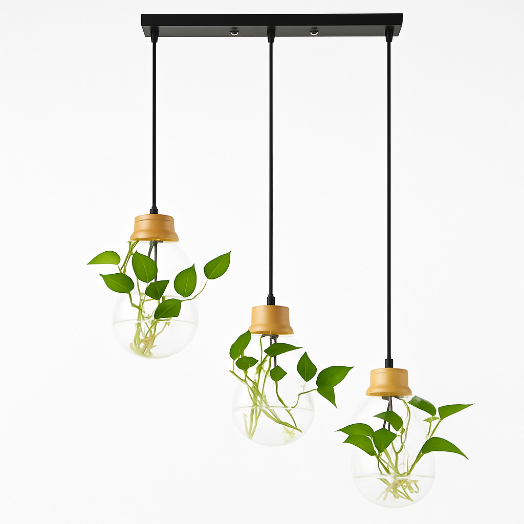 Suspension bocal en verre à fleur et support en bois - vue 4 sur 5