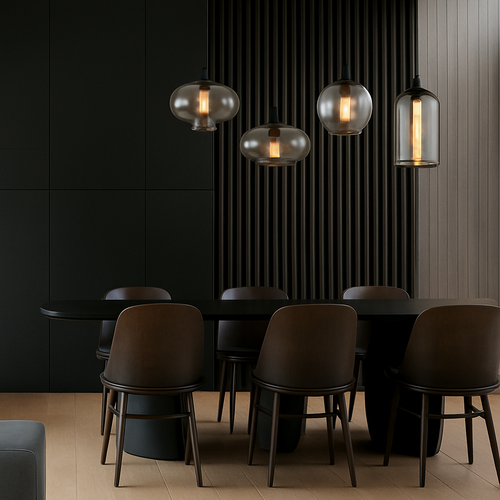 Suspension design LED aux formes arrondies en verre avec ampoule industrielle