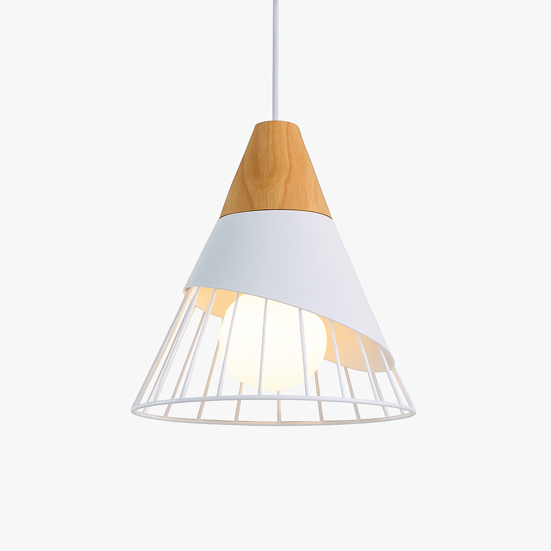 Suspension design LED en bois et cage de couleur