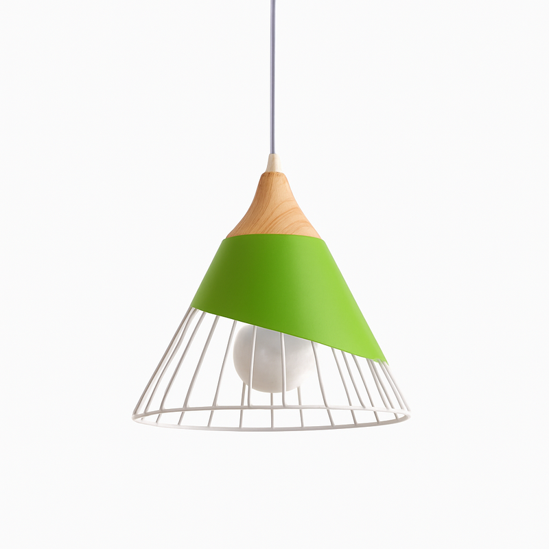 Suspension design LED en bois et cage de couleur