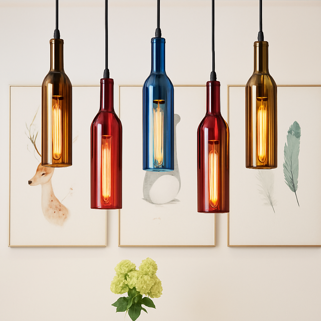 Suspension design à LED en forme de bouteille en verre de couleur - vue 4 sur 12