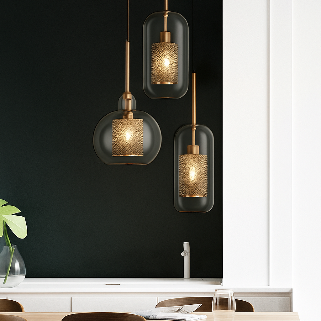 Suspension design LED en verre avec lampe doré - vue 6 sur 18
