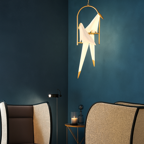 Suspension design LED oiseau dans cerceau doré - vue 5 sur 7