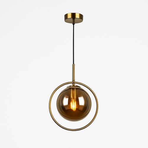 Suspension dorée à LED design boule en verre fumé