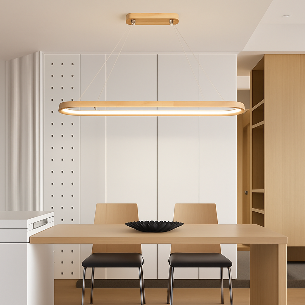 Minimalist wooden and LED pendant light for interior decoration - vue 3 sur 14