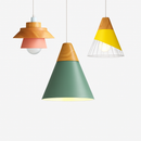 Coloured metal and wood pendant light in various Nordic shapes