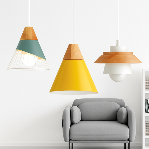Coloured metal and wood pendant light in various Nordic shapes - vue 3 sur 27