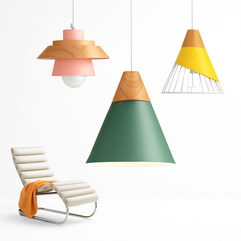 Coloured metal and wood pendant light in various Nordic shapes - vue 3 sur 27