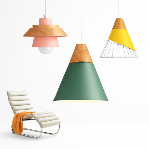 Coloured metal and wood pendant light in various Nordic shapes - vue 4 sur 27