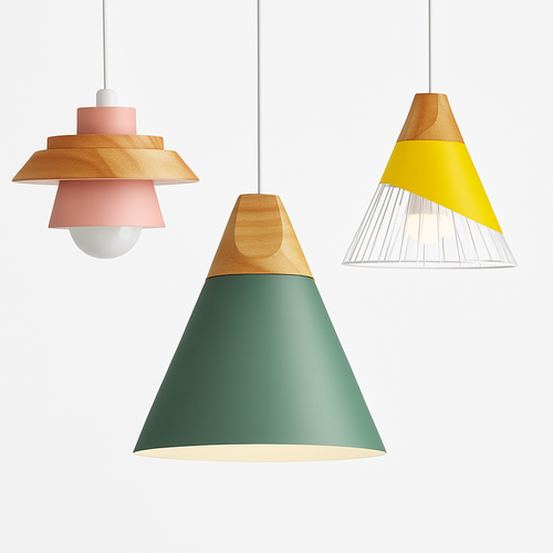 Coloured metal and wood pendant light in various Nordic shapes - vue 28 sur 27