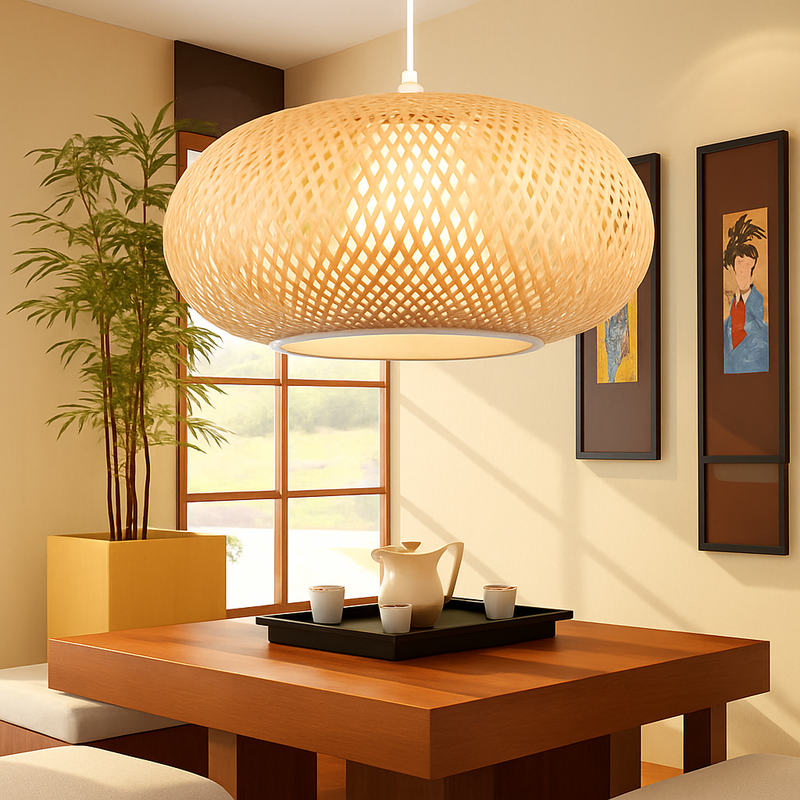 Suspension en rotin LED avec abat-jour arrondi