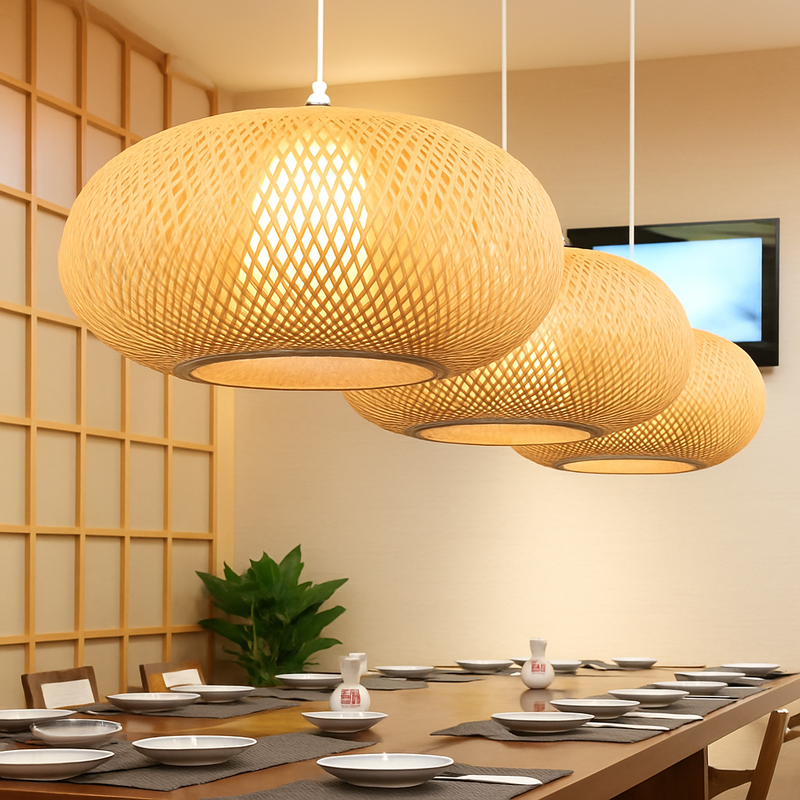 Suspension en rotin LED avec abat-jour arrondi