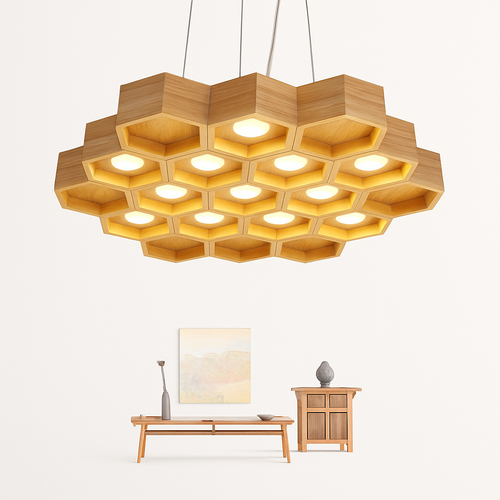Creative minimalist wooden honeycomb LED pendant light - vue 2 sur 15
