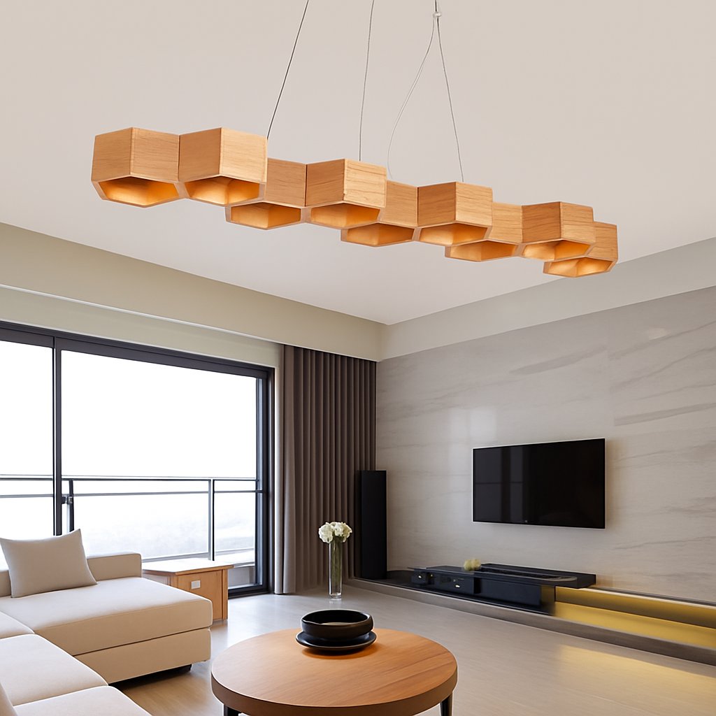 Creative minimalist wooden honeycomb LED pendant light - vue 3 sur 15