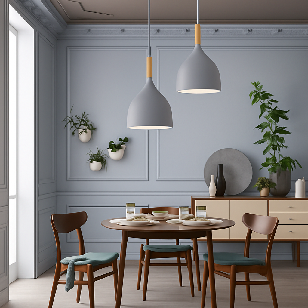 Suspension LED en métal coloré et baton en bois Nordic - vue 4 sur 29