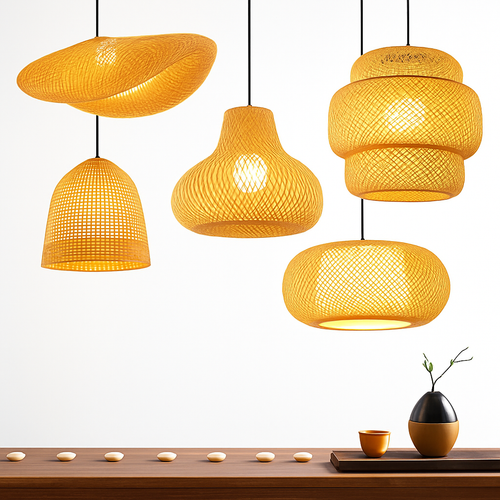 Suspension LED en rotin fait à la main rond chapeau de paille en bambou pastorale Vintage - vue 2 sur 17