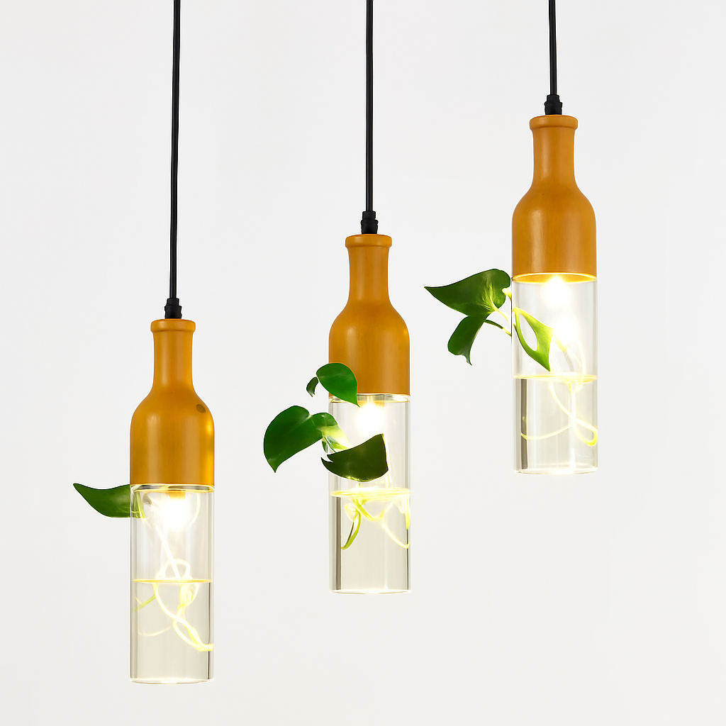 suspension led industrielle en bois et verre pour plantes - vue 4 sur 10