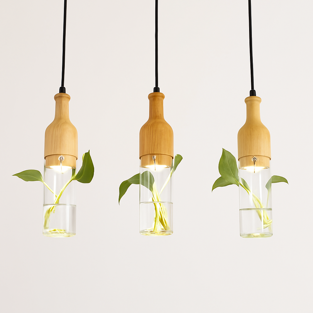 suspension led industrielle en bois et verre pour plantes - vue 5 sur 10