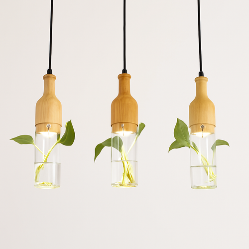 suspension led industrielle en bois et verre pour plantes
