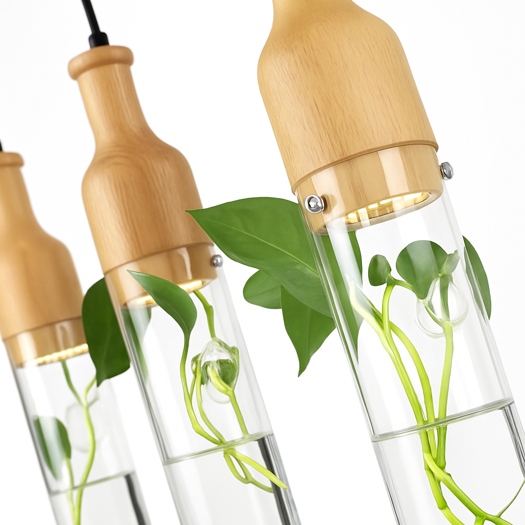 suspension led industrielle en bois et verre pour plantes - vue 6 sur 10