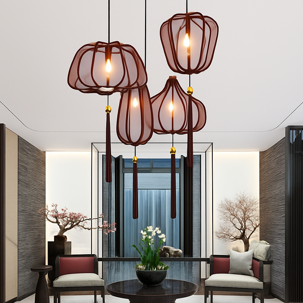 Suspension LED style chinois en tissu - vue 12 sur 18