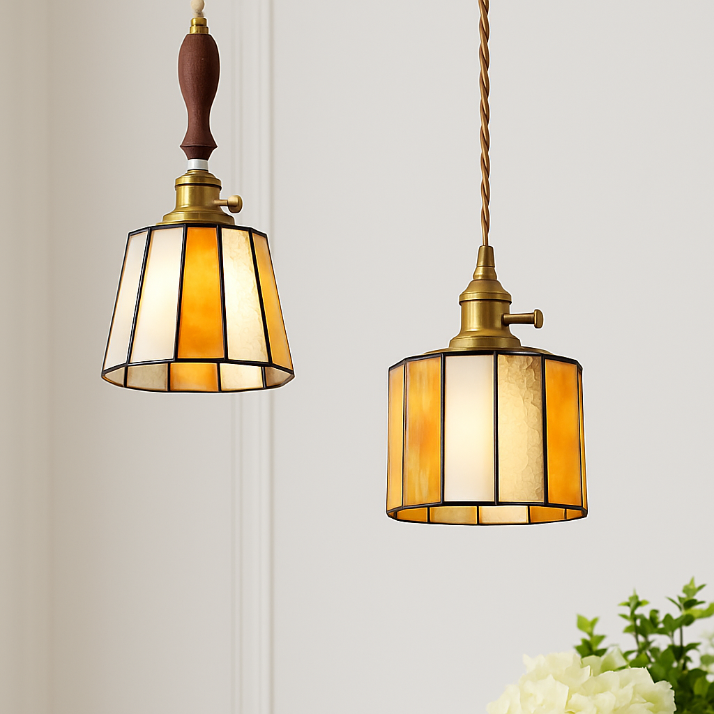 Suspension led vintage style japonais douille cuivre abat-jour verre - vue 4 sur 29