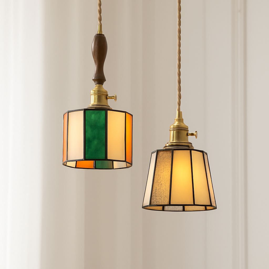Suspension led vintage style japonais douille cuivre abat-jour verre - vue 7 sur 29