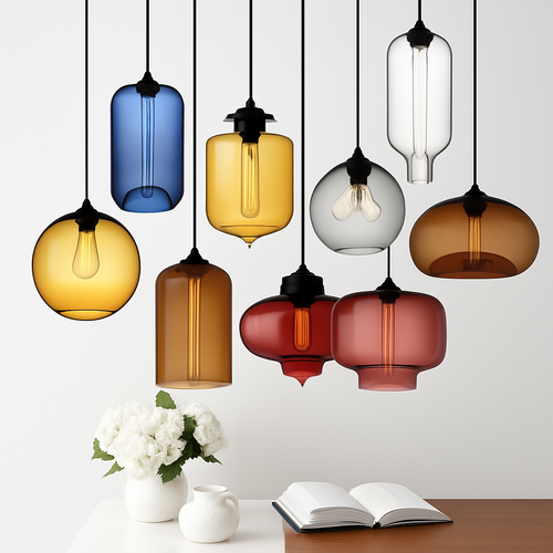 Modern loft pendant light in multicoloured vintage glass - vue 11 sur 19