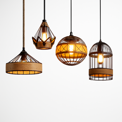 Vintage pendant light with hemp rope and iron for cafés and bars - vue 6 sur 17