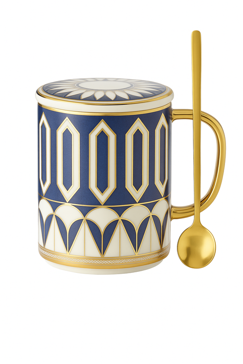 Tasse ceramique style britannique couvercle cuillere bord elegant