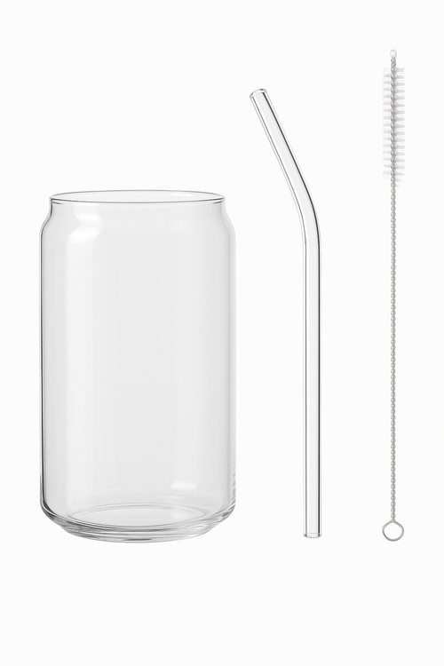 Tasse verre canette couvercle bambou paille borosilicate