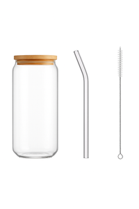 Tasse verre forme canette couvercle bambou paille