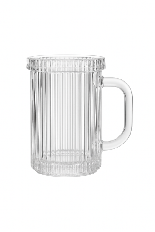 Tasse verre rayé nordique avec couvercle et anse