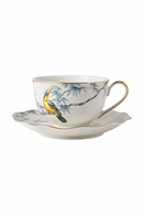 Tasses et soucoupes motifs fleurs oiseaux céramique main
