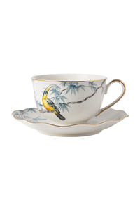 Tasses et soucoupes motifs fleurs oiseaux céramique main