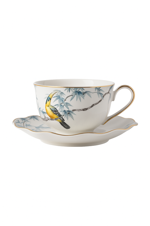 Tasses et soucoupes motifs fleurs oiseaux céramique main