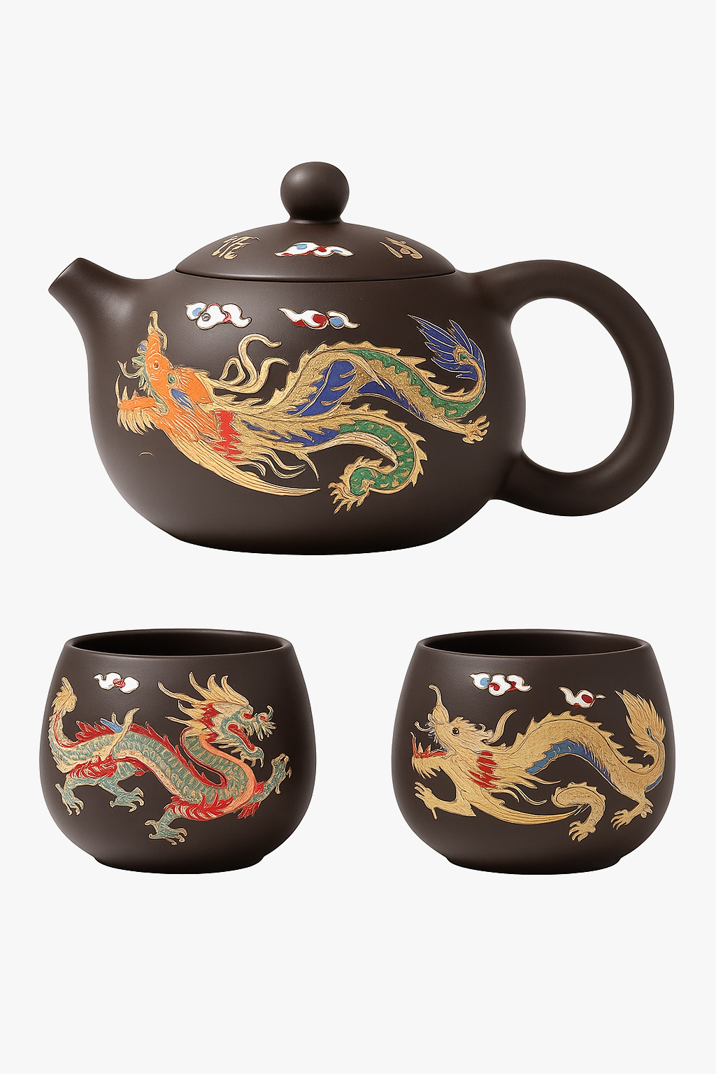 Colour-changing gongfu teapot in purple clay with dragons and phoenix