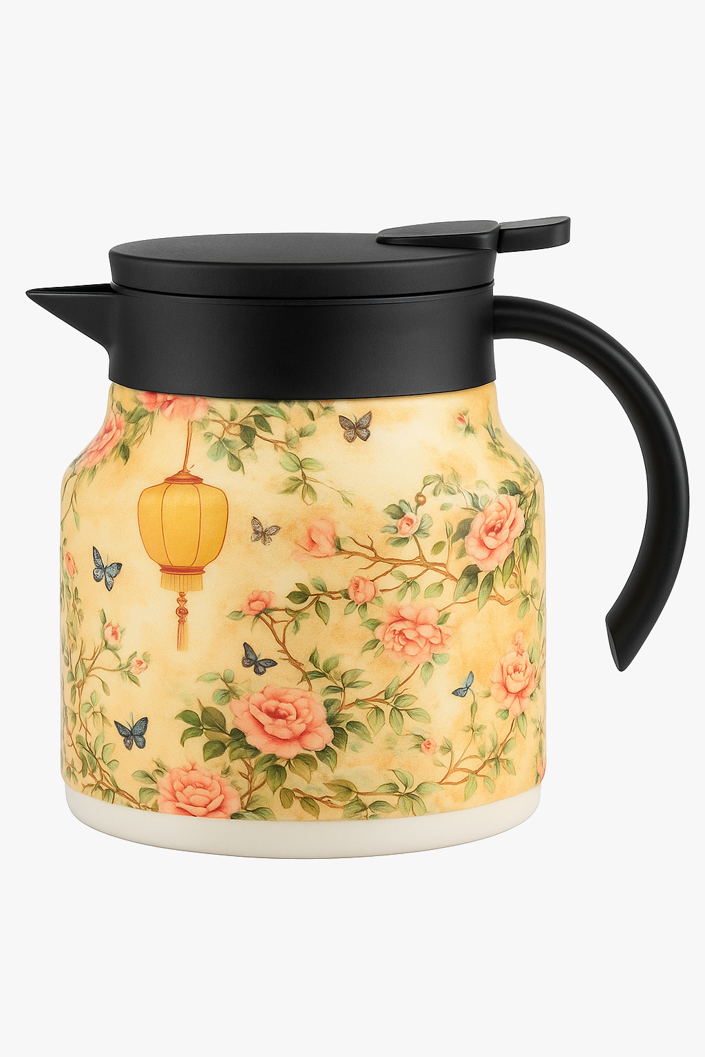 Vintage insulated tea pot with floral design and stainless steel infuser