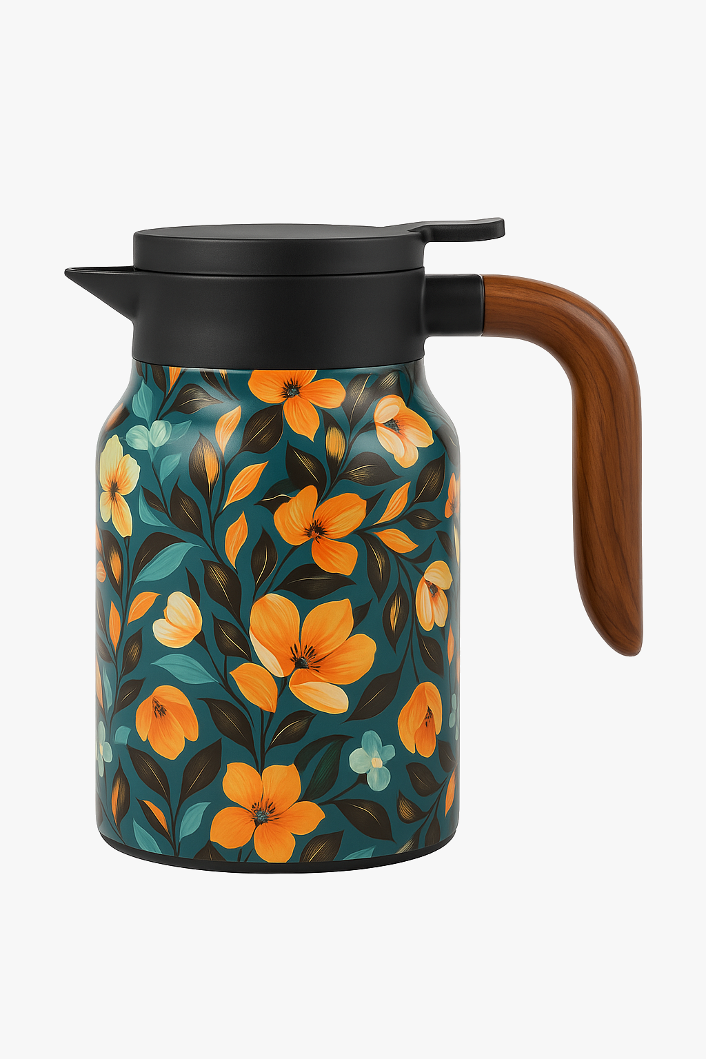 Vintage insulated teapot with floral patterns and integrated infuser