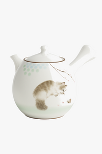 Handmade ru kiln teapot with cat motif and side handle
