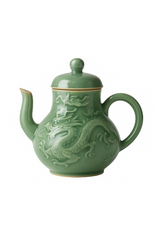 Théière céladon yue kiln dragon phénix relief filtre - vue 3 sur 2