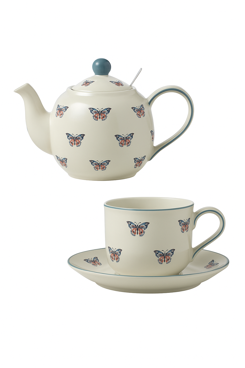 Théière céramique motif papillons animaux avec infuseur