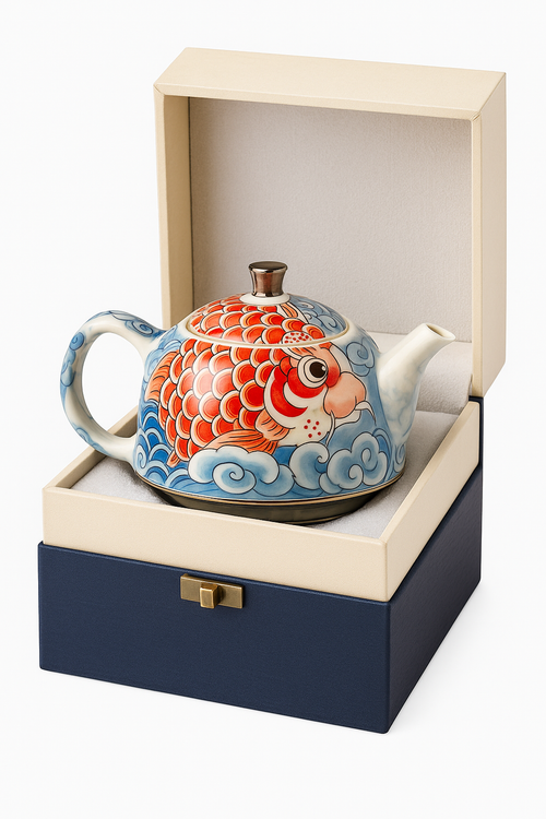Théière chinoise porcelaine décor sous couverte infuseur artisanal - vue 3 sur 2