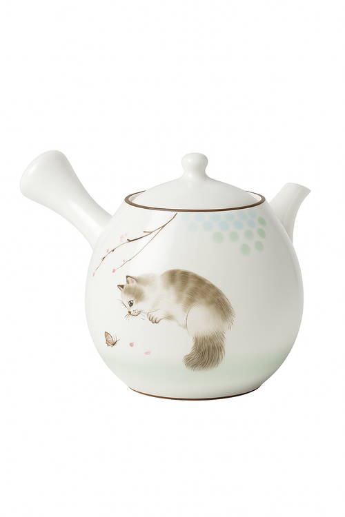 Théière ru kiln artisanale motif chat poignée latérale - vue 3 sur 2